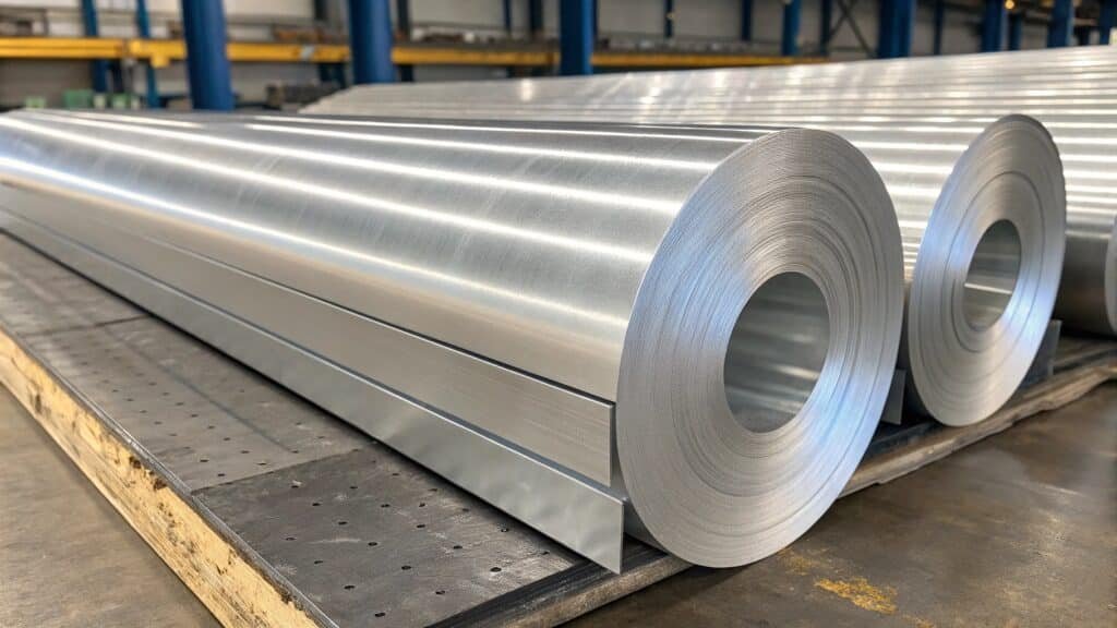 An infographic visually representing each of the five properties with icons: a feather for low density, a lightning bolt for electrical conductivity, a flame for thermal conductivity, a shield for corrosion resistance, and a bending wire for ductility.